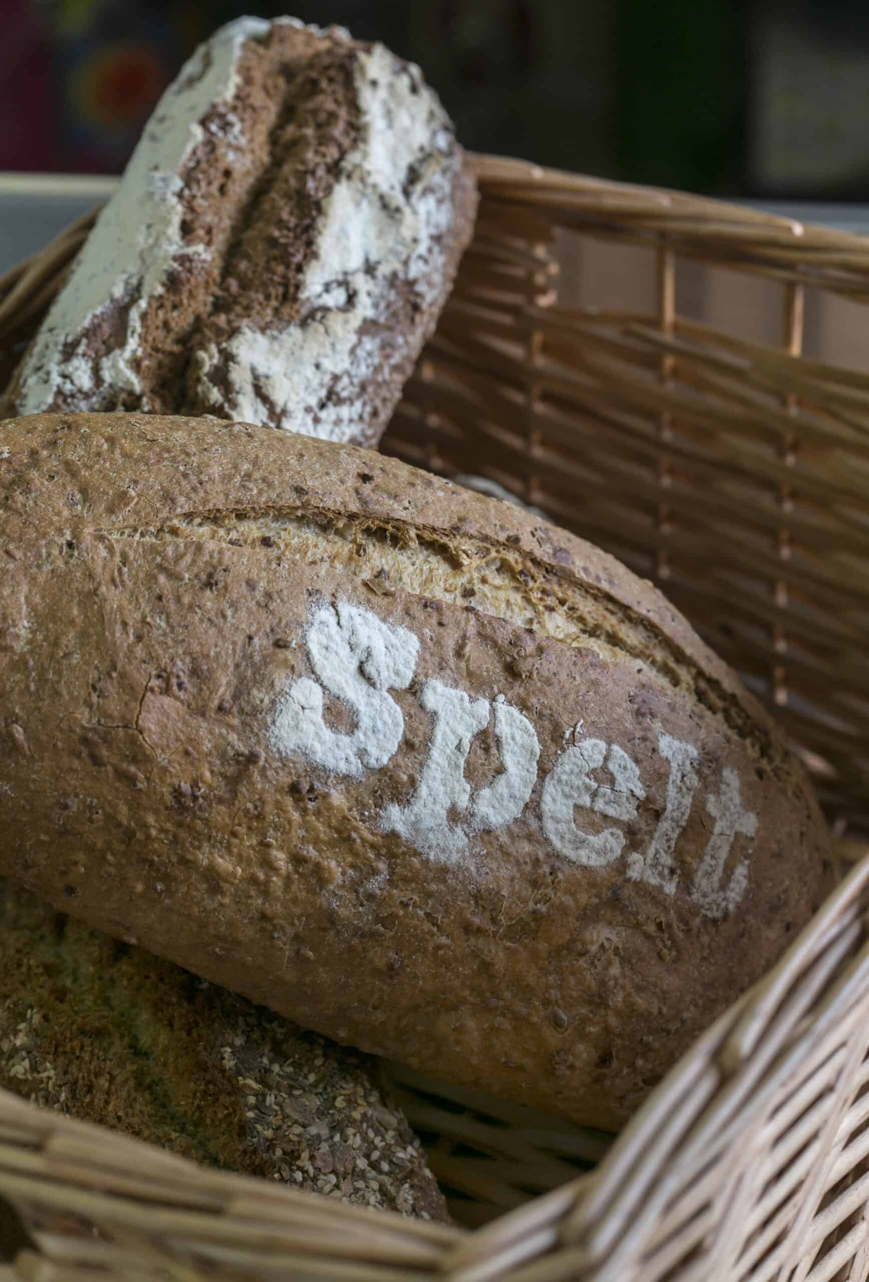 Freshly baked Irish soda bread with "Special" stamped on the crust, displayed in a wicker basket at The Auld Mill Bakery.
