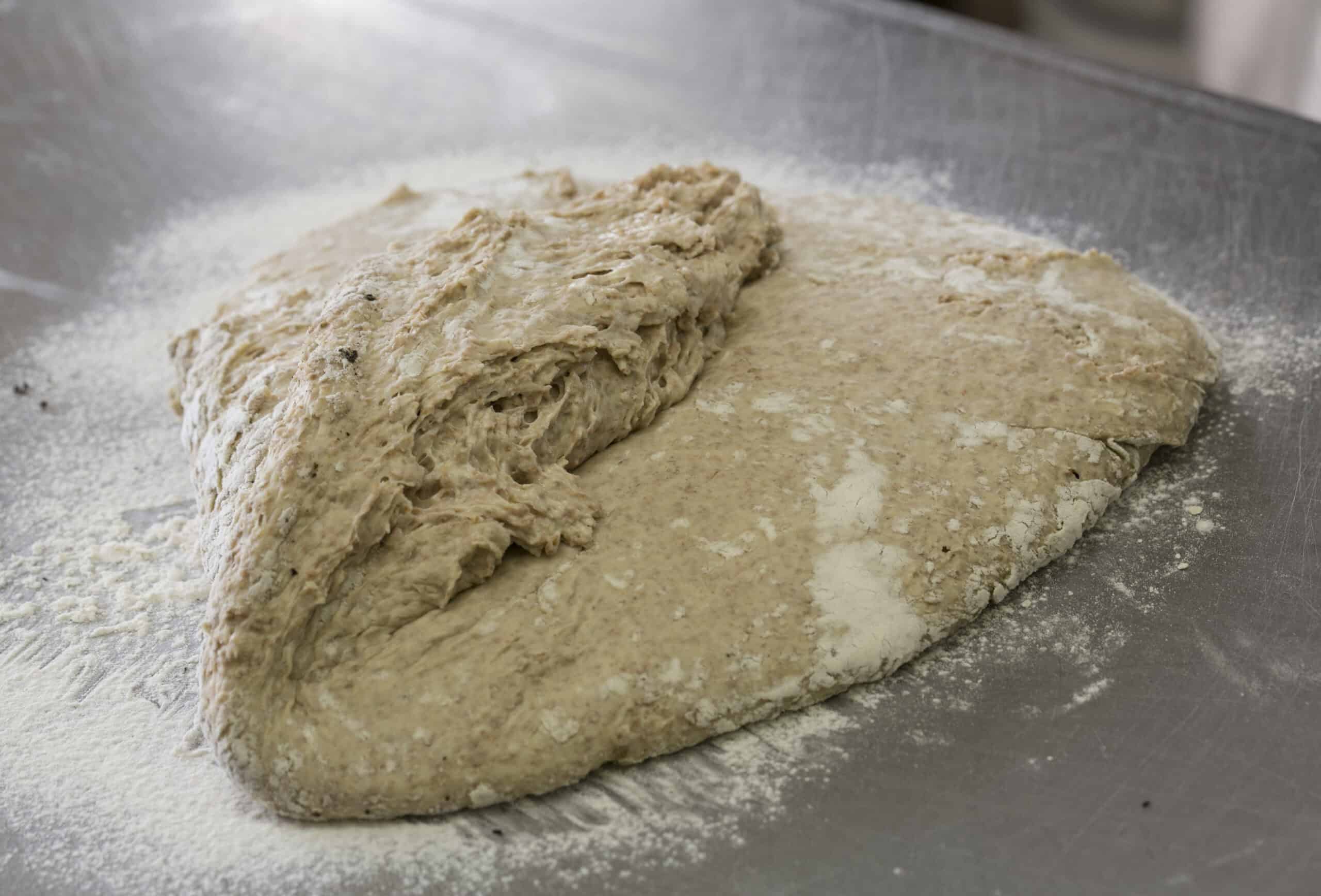 Bread dough ready for proofing and baking at The Auld Mill Bakery.