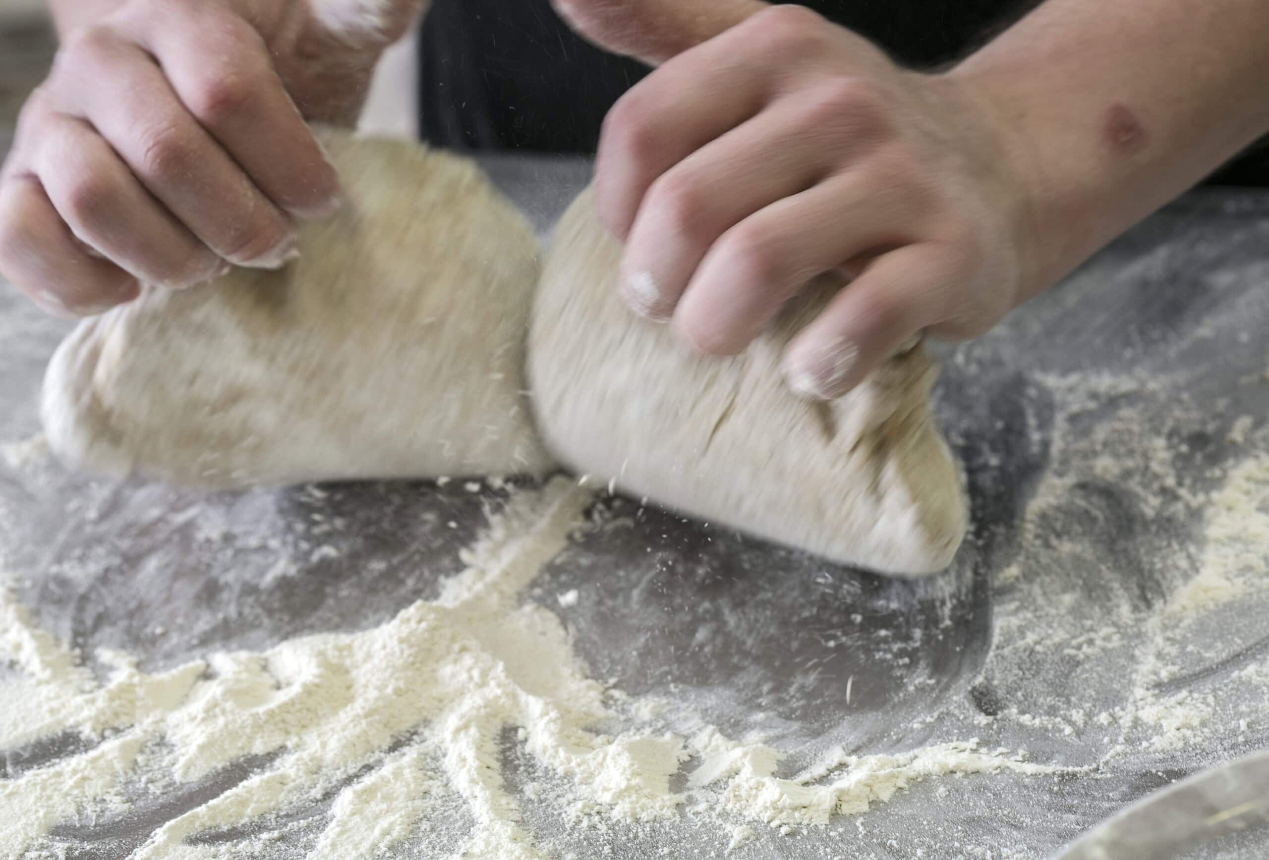 Freshly kneaded dough being prepared for baking at The Auld Mill Bakery in Ireland.