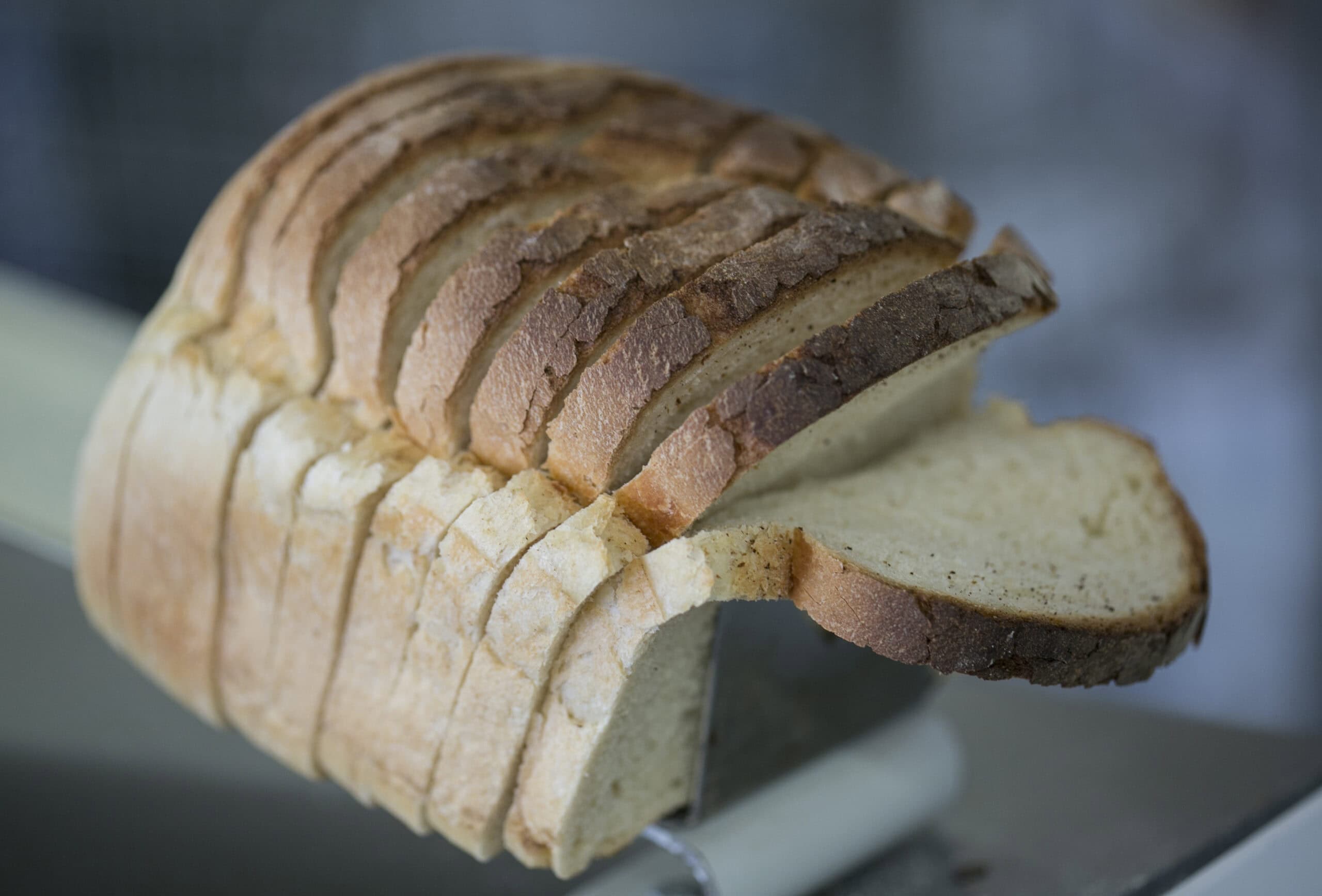 Freshly sliced multigrain bread with a crusty exterior and soft interior.