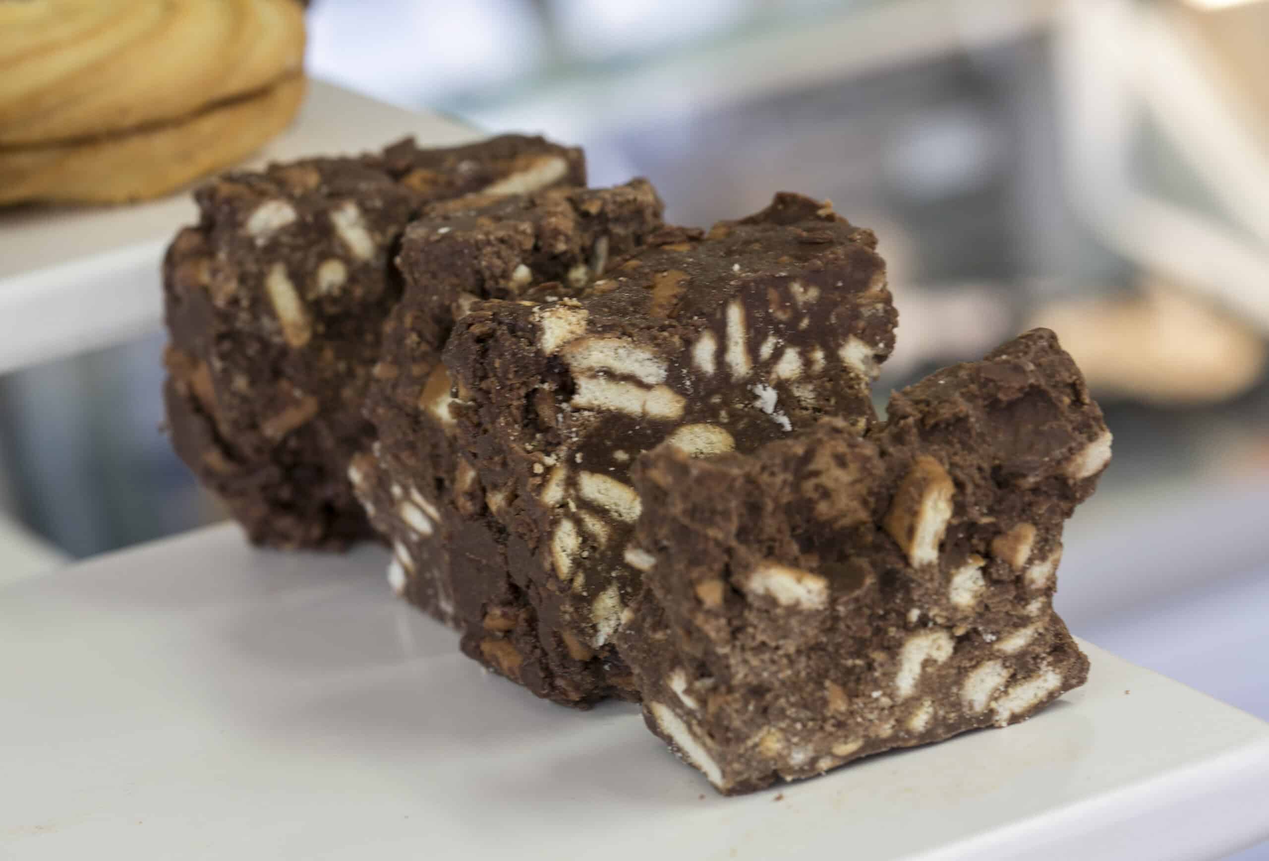 Delicious chocolate rocky road brownies with marshmallows and nuts, freshly baked at The Auld Mill B.