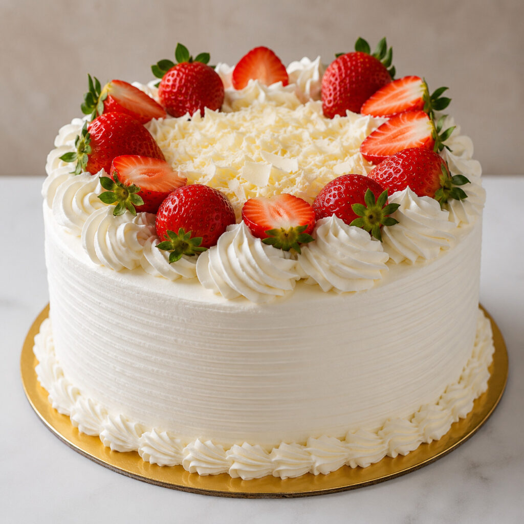 Delicious strawberry and cream cake topped with fresh strawberries and white chocolate shavings. Per.