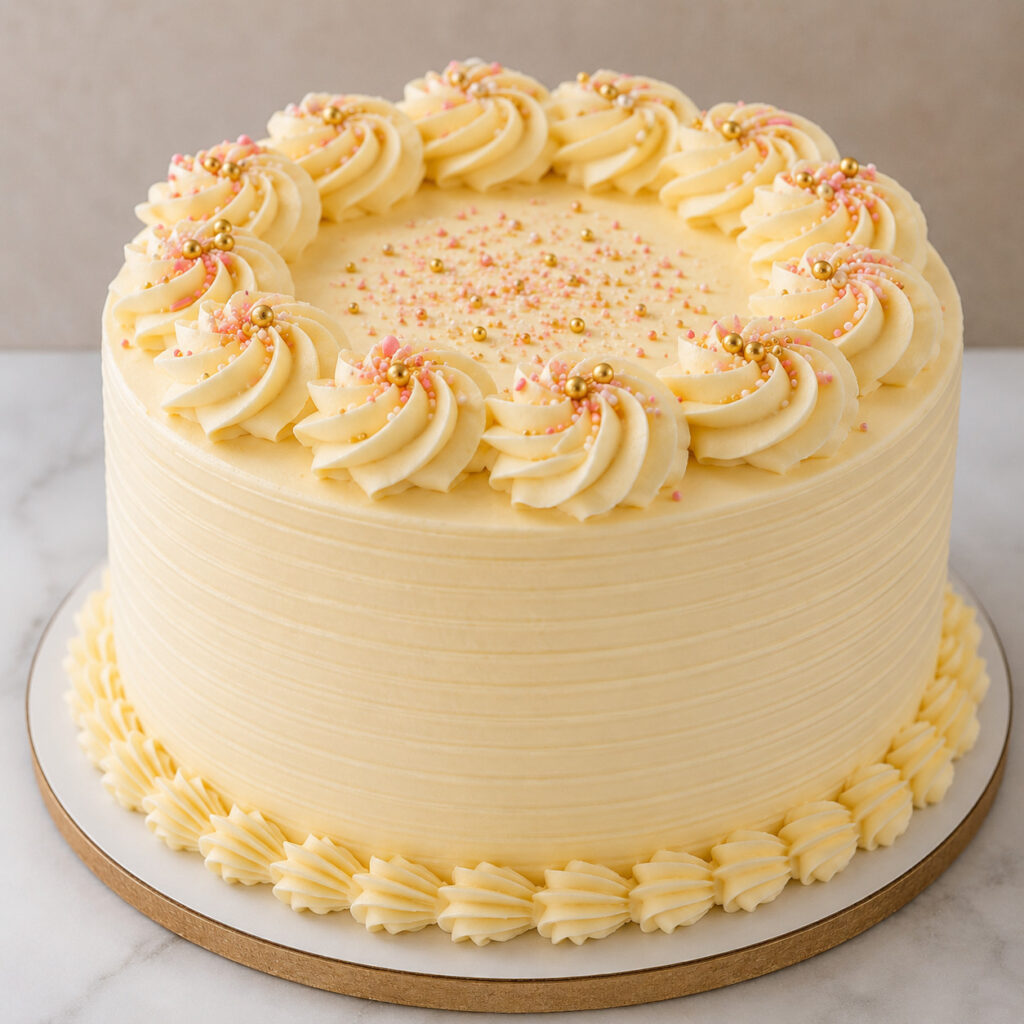 Delicious vanilla cake decorated with piped cream swirls and edible gold beads, perfect for birthday.